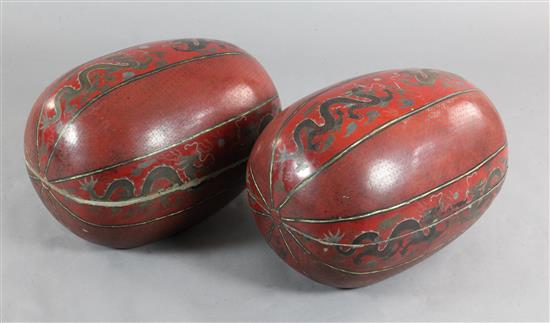 Pair of large Cantonese red and black lacquer melon boxes and covers, late 19th century, 64cm
